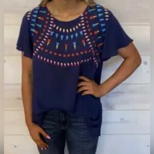 Haptics Navy Blue Blouse with Multicolor Embroidery Women’s  Top - Size Medium